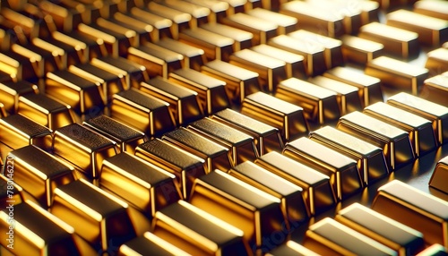 Close-up of neatly arranged gold bars with a reflective surface.  