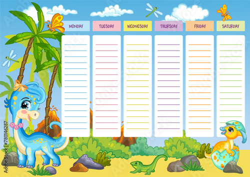 Cute blue dinosaur printable weekly planner vector illustration