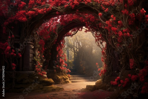 Enchanted Red Flower Arch in a Magical Forest