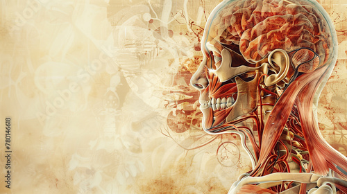 Anatomical illustration of the profile of a human head showcasing brain, facial muscles and skull anatomy, blended with graphic elements on an abstract textured background for a medical wallpaper photo
