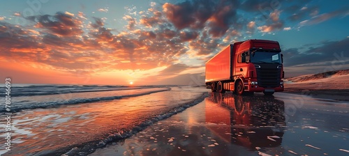 Efficient Transportation Solutions: A Cargo Truck Hauling Goods Across the Country, Ideal for Advertising with Space for Custom Copy or Brand Logos on a Wide Banner Background photo