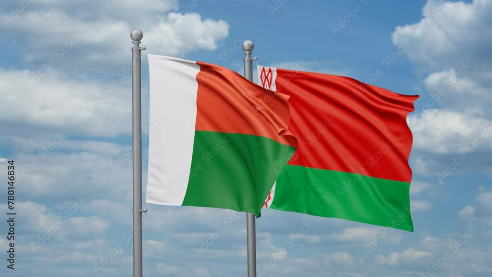 Belarus and Madagascar two flags waving together, looped video, two country cooperation concept Belarus and Madagascar two flags waving together, looped video, two country cooperation concept