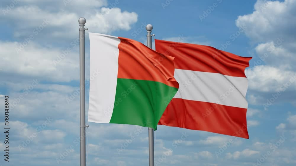 Austria and Madagascar two flags waving together, looped video, two country relations concept Austria and Madagascar two flags waving together, looped video, two country relations concept