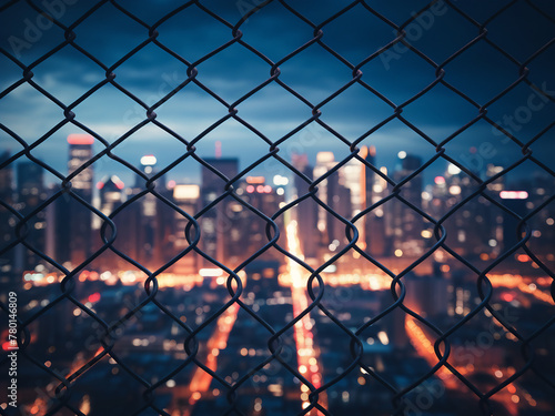 Abstract cityscape silhouette behind wire mesh fence at night