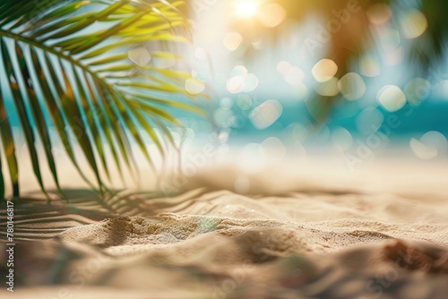 Sand with blurred Palm and tropical beach bokeh background, Summer vacation and travel concept. Copy space - generative ai