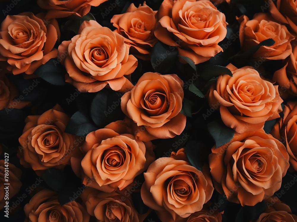 Monochromatic setting accentuates the beauty of arranged orange roses Monochromatic setting accentuates the beauty of arranged orange roses