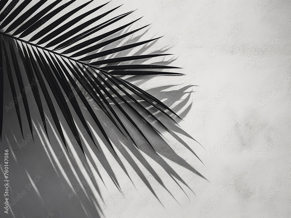 Fototapeta premium Monochrome depiction of palm coconut leaf shadow against a cement wall