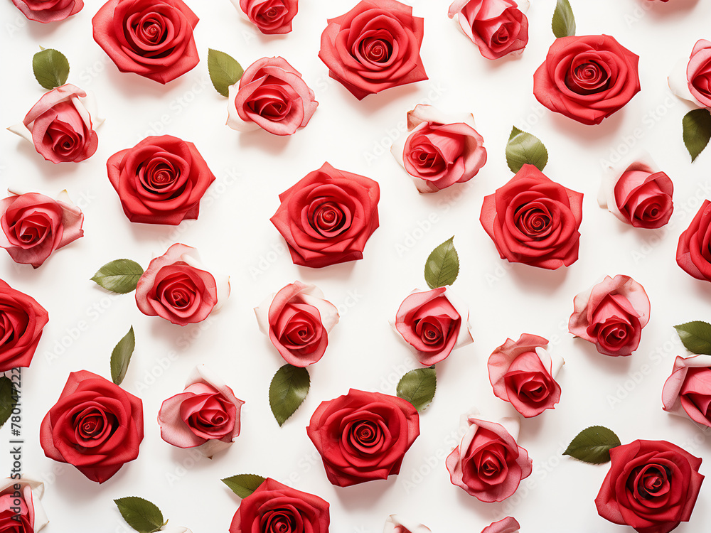 Roses flowers and buds arranged in a flat lay pattern against a white background Roses flowers and buds arranged in a flat lay pattern against a white background