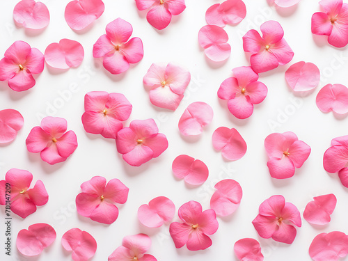Pink flowers' petals and leaves create a pattern against a white background in a flat lay style