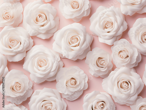White roses arranged in a flat lay pattern against a pastel pink background