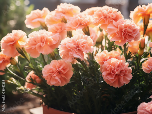 Toned image depicts peach-colored carnations in garden pots, creating a flower background