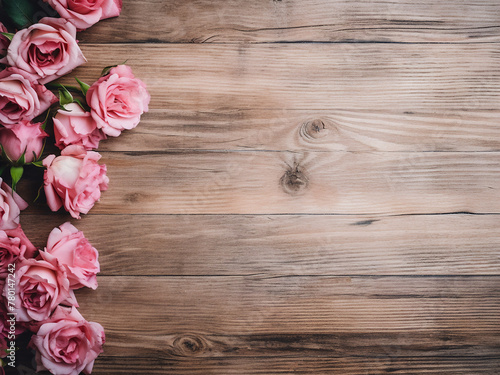 Wooden surface adorned with vintage rose decorations, ideal for background with text © Llama-World-studio
