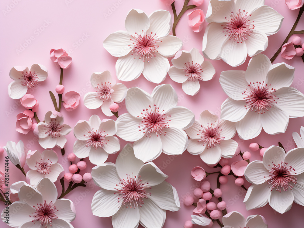 Paper background hosts pink and white blooms
