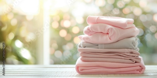 A stack of neatly folded pastel pink clothes sits on a table
