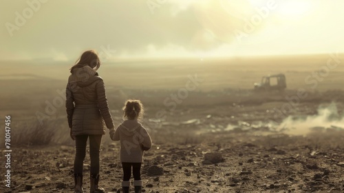 A woman and a young child stand hand in hand in a vast open field