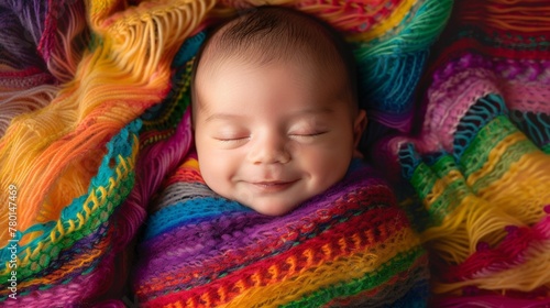 Wallpaper Mural A smiling baby peacefully sleeps while wrapped in a vibrant and colorful blanket Torontodigital.ca