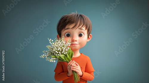 jeune garçon qui tient un bouquet de muguet dans ses mains - fond bleu uni	
