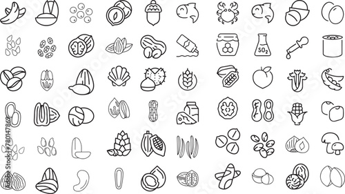 Nuts and seeds editable stroke outline icons set isolated on white background flat vector illustration. Pixel perfect
