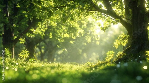 Sunlit green forest glade with soft rays