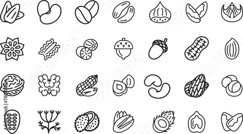 Nuts and seeds editable stroke outline icons set isolated on white background flat vector illustration. Pixel perfect