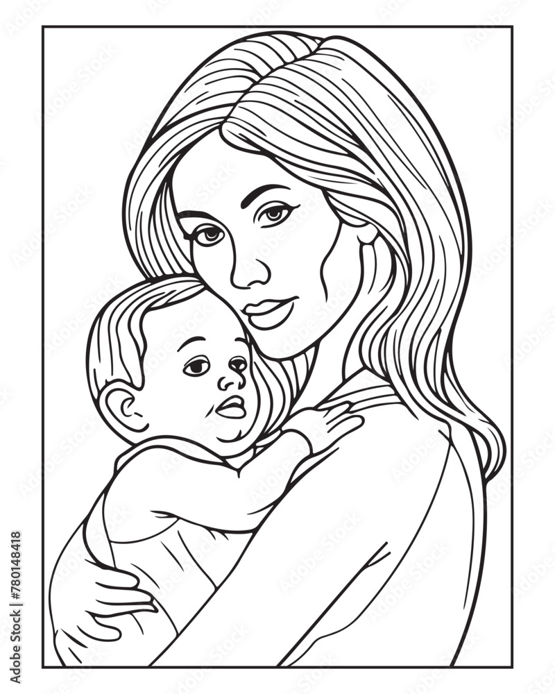 Happy Mother's day coloring page illustrations, Cute kawaii mother holding his child, cartoon character, Mother's day black and white vector