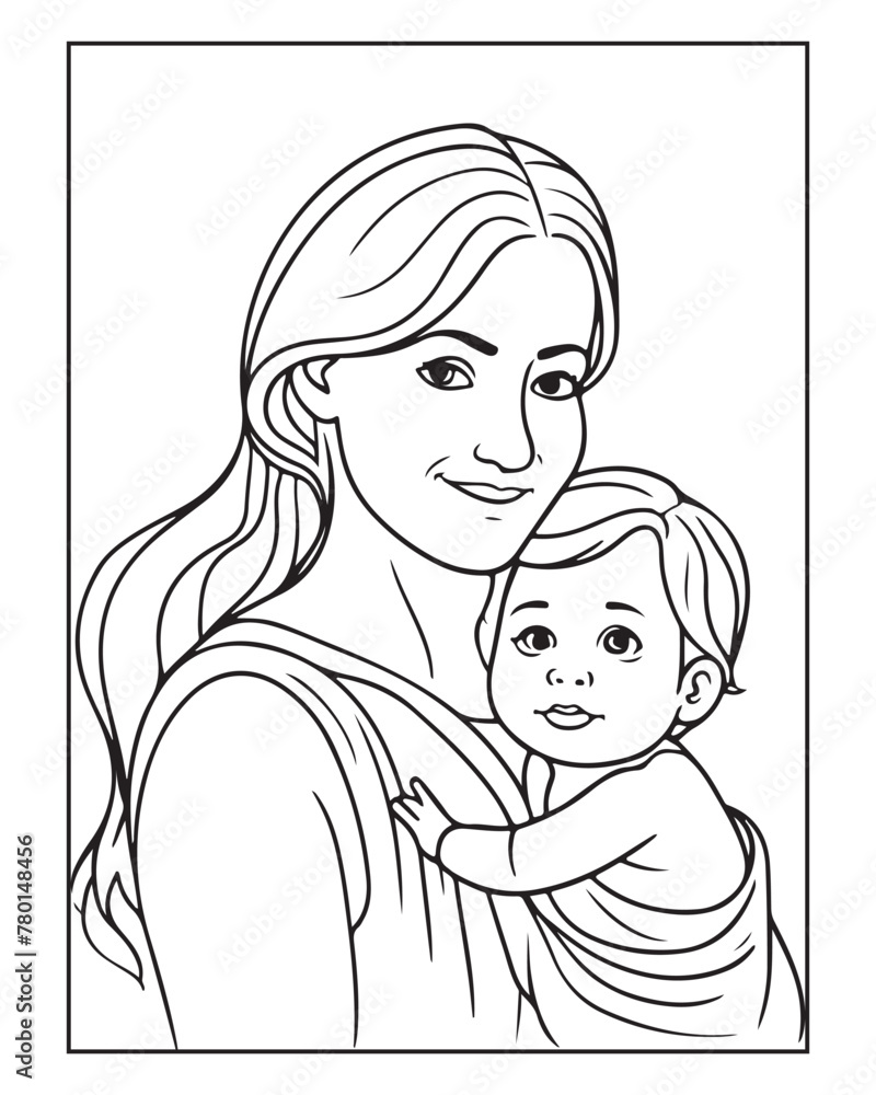 Happy Mother's day coloring page illustrations, Cute kawaii mother holding his child, cartoon character, Mother's day black and white vector Happy Mother's day coloring page illustrations, Cute kawaii mother holding his child, cartoon character, Mother's day black and white vector