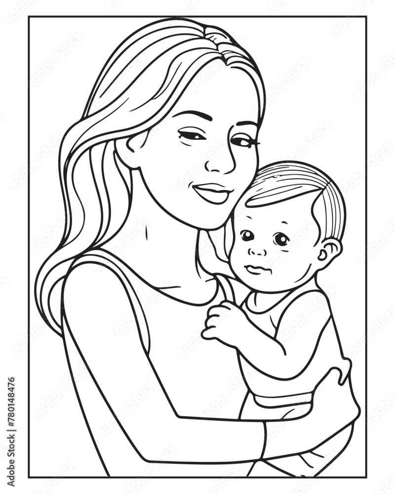 Happy Mother's day coloring page illustrations, Cute kawaii mother holding his child, cartoon character, Mother's day black and white vector Happy Mother's day coloring page illustrations, Cute kawaii mother holding his child, cartoon character, Mother's day black and white vector