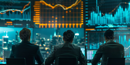 User
 traders engrossed in discussing trading charts, research reports, and growth while analyzing strategies on their monitors, embodying the co Strategies, Risk Management, and Market Analysis photo