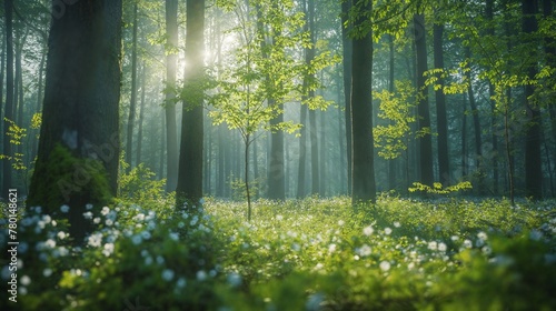 Sunlit forest glade with blooming flowers
