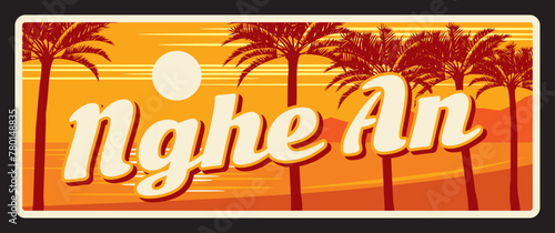 Nghe An coastal province in Vietnam, Vietnamese territory landscape. Vector travel plate or sticker, vintage tin sign, retro vacation postcard or journey signboard, luggage tag. Beach and palms