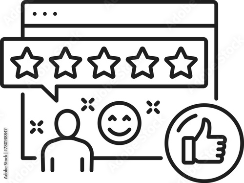 Quality website SEM, search engine marketing vector icon of web page or site with ranking stars. Customer review, client loyalty program, satisfaction feedback and thumb up thin line signs