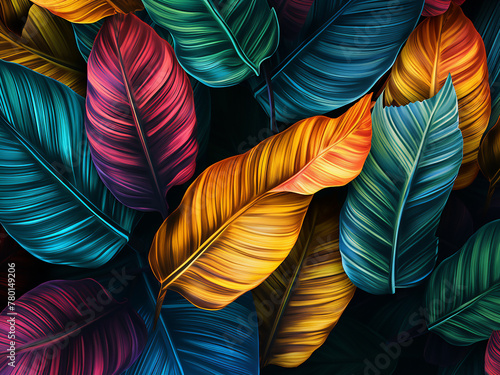 Colorful tropical leaves depicted in a realistic and detailed 3D vector background