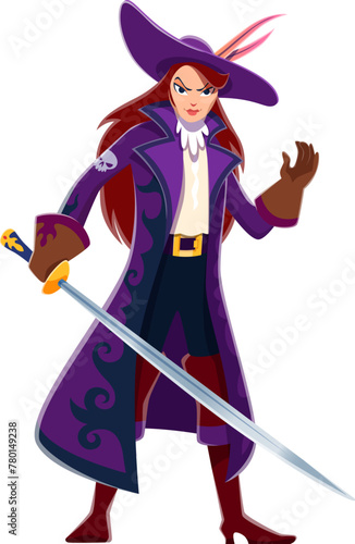 Cartoon woman pirate character with a fierce gaze, sports a wide-brimmed hat with feather and vibrant purple coat, brandishing a gleaming saber, ready for adventure. Isolated vector bold girl corsair