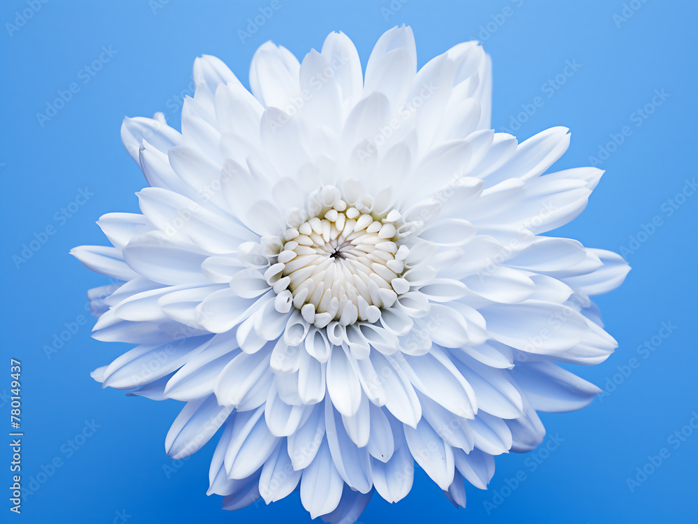 Blue background adorned with a white chrysanthemum flower, evoking romance