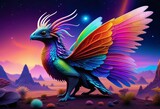 An illustration of an alien world with a colorful creature with wings and scales at the center.