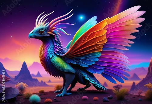 An illustration of an alien world with a colorful creature with wings and scales at the center. © Mr Ali