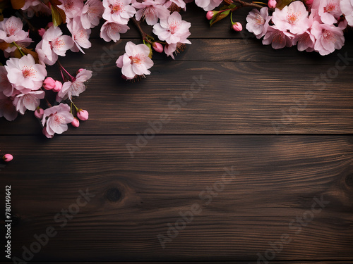 Top view of Sakura branches adorned with flowers on a dark wooden backdrop