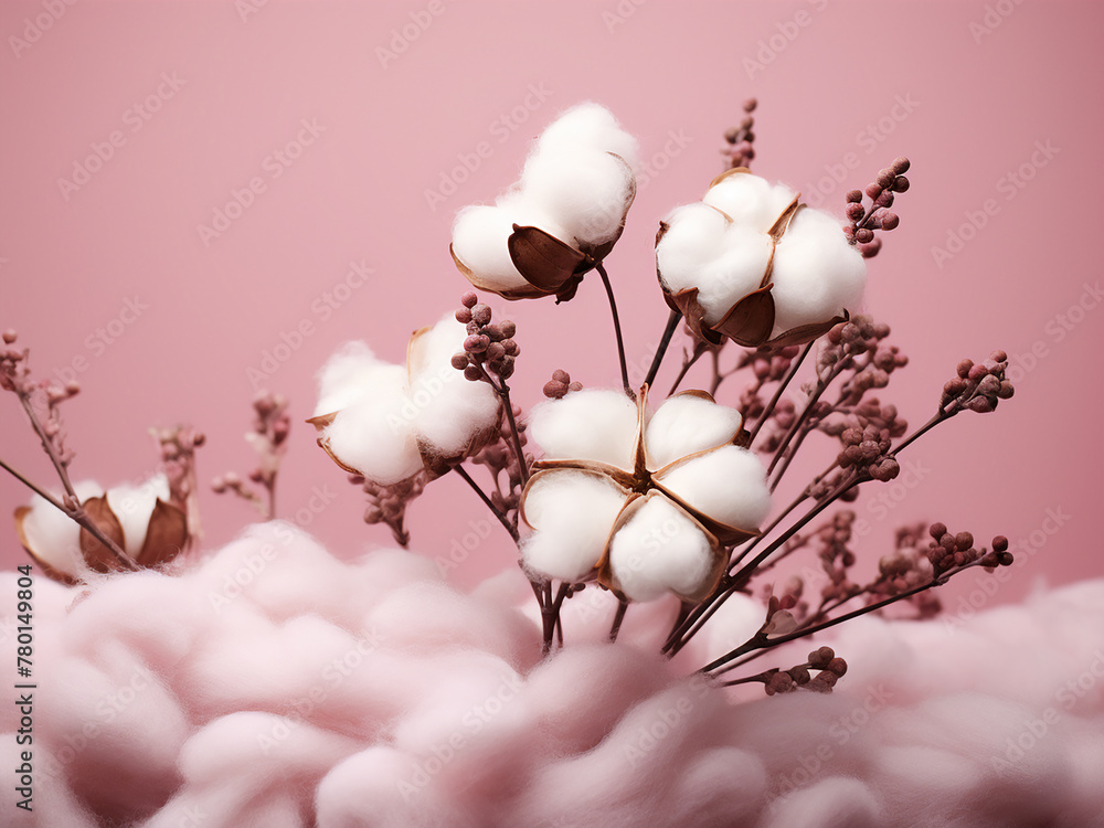 A serene scene unfolds with cotton wool and flowers on pink
