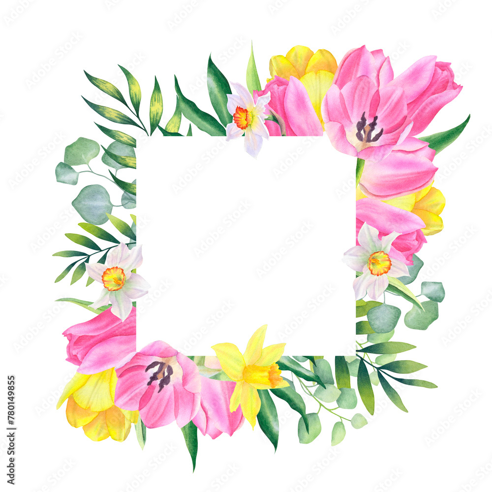 Square frame made of foliage, tulips, daffodils and eucalyptus. Hand drawn watercolor botanical illustration. Template for text, design, cards, invitations, congratulations, packaging, printing Square frame made of foliage, tulips, daffodils and eucalyptus. Hand drawn watercolor botanical illustration. Template for text, design, cards, invitations, congratulations, packaging, printing