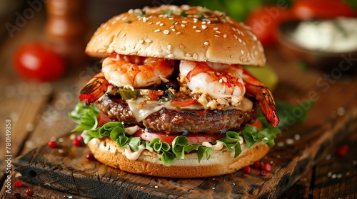 A tasty grilled prawn and beef burger with lettuce and mayonnaise is served on rustic wooden table or counter, offering a unique culinary combination