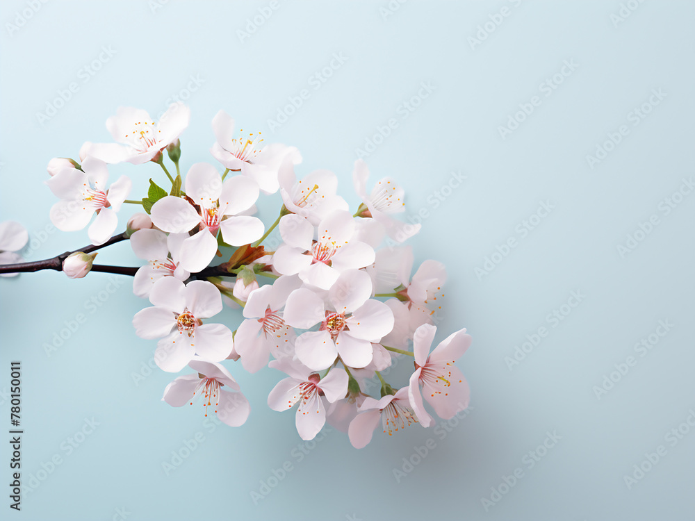 Cherry blossoms lie flat on pastel backdrop, ideal for greeting cards with copy space