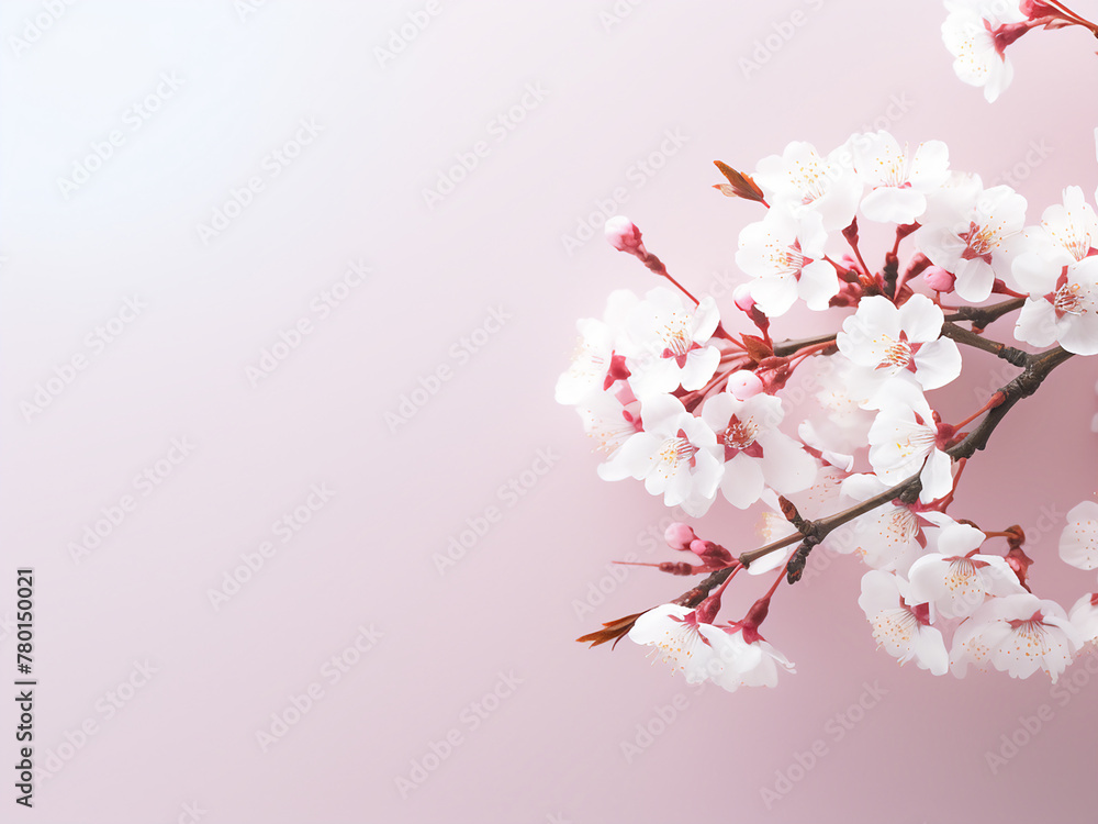 Fototapeta premium Pastel background hosts flat cherry blossoms, perfect for greeting card creation