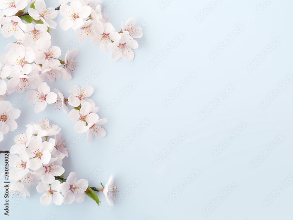Cherry blossoms arranged flat on pastel background, providing space for greeting card