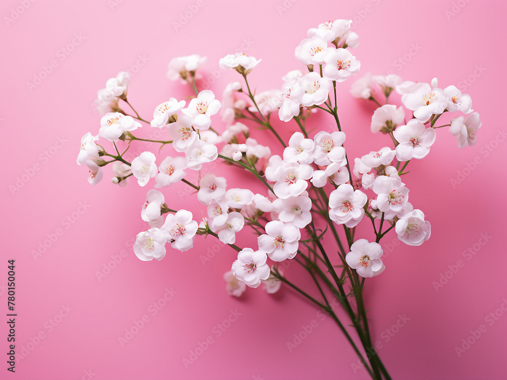 Fototapeta premium Close-up shot highlights gypsophila flowers in a spring-themed composition on pink