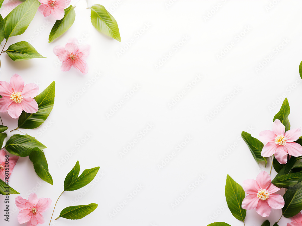 Copy space is available on the white table adorned with pink flowers and green leaves