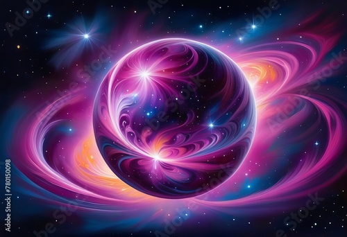 An acrylic painting of a magenta-hued orb in outer space, surrounded by swirling patterns and glowing light.