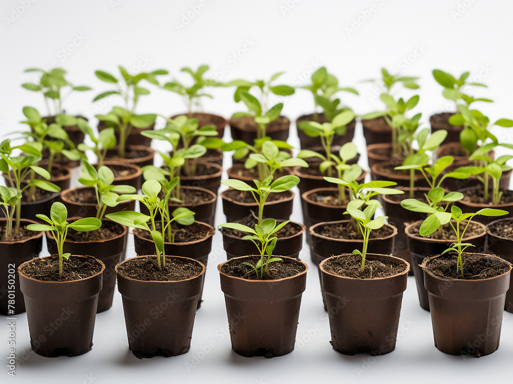 Seedlings in pots evoke the essence of spring planting on white Seedlings in pots evoke the essence of spring planting on white