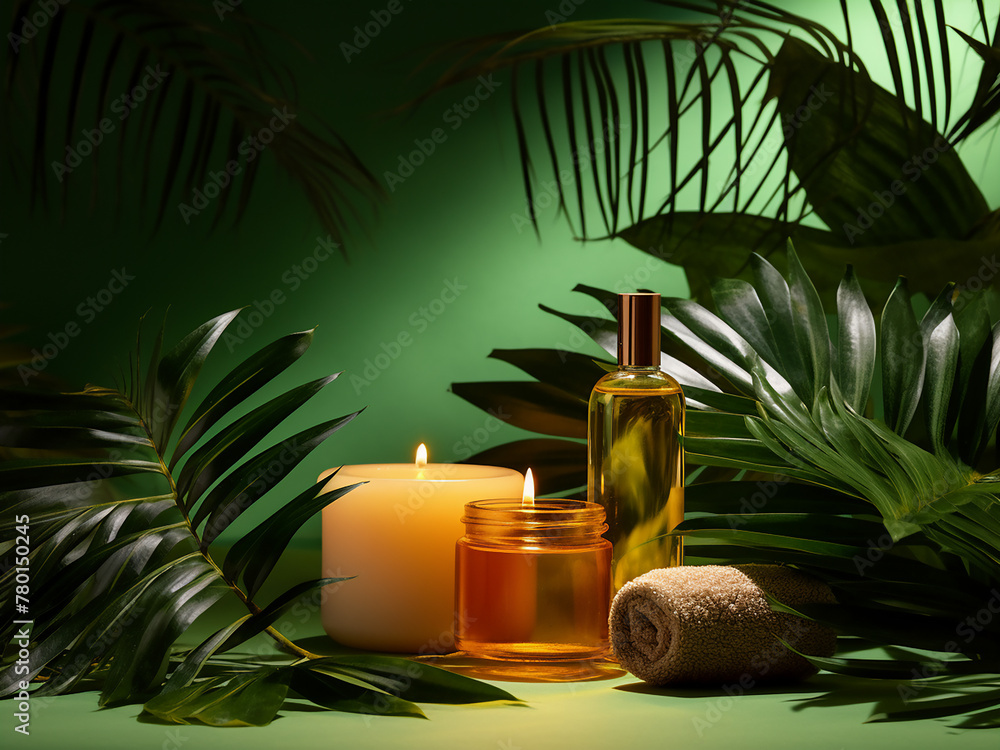 Spa essentials arranged with tropical leaves on colored backdrop Spa essentials arranged with tropical leaves on colored backdrop