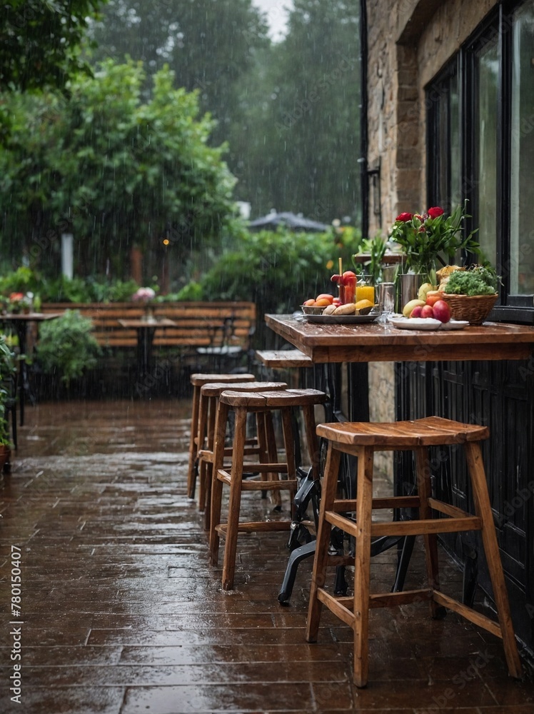 Downpour of rain drenches wooden patio of cafe, creating serene atmosphere. Three stools, empty, inviting, sit beside table adorned with colorful array of fresh fruits, vibrant bouquet of flowers.