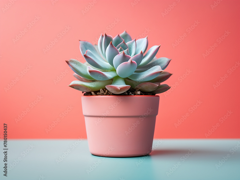 A potted succulent decorates a colored wall background